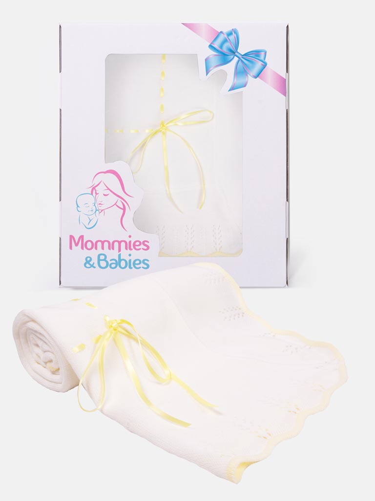 Baby Spanish Shawl Colour Hem & Satin Ribbon - White & Yellow