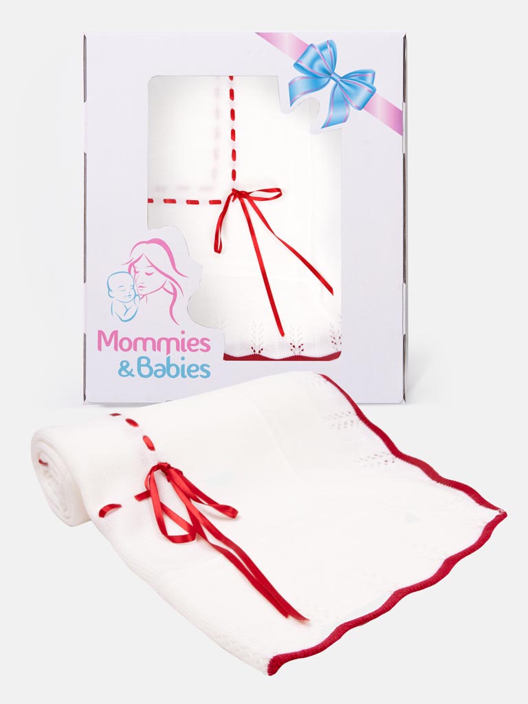 Baby Spanish Shawl with Coloured Scalloped Hem and Satin Ribbon - Red