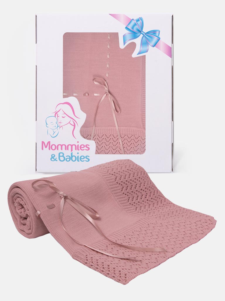 Baby Spanish Luxury Knitted Shawl with Ribbon - Dusty Pink