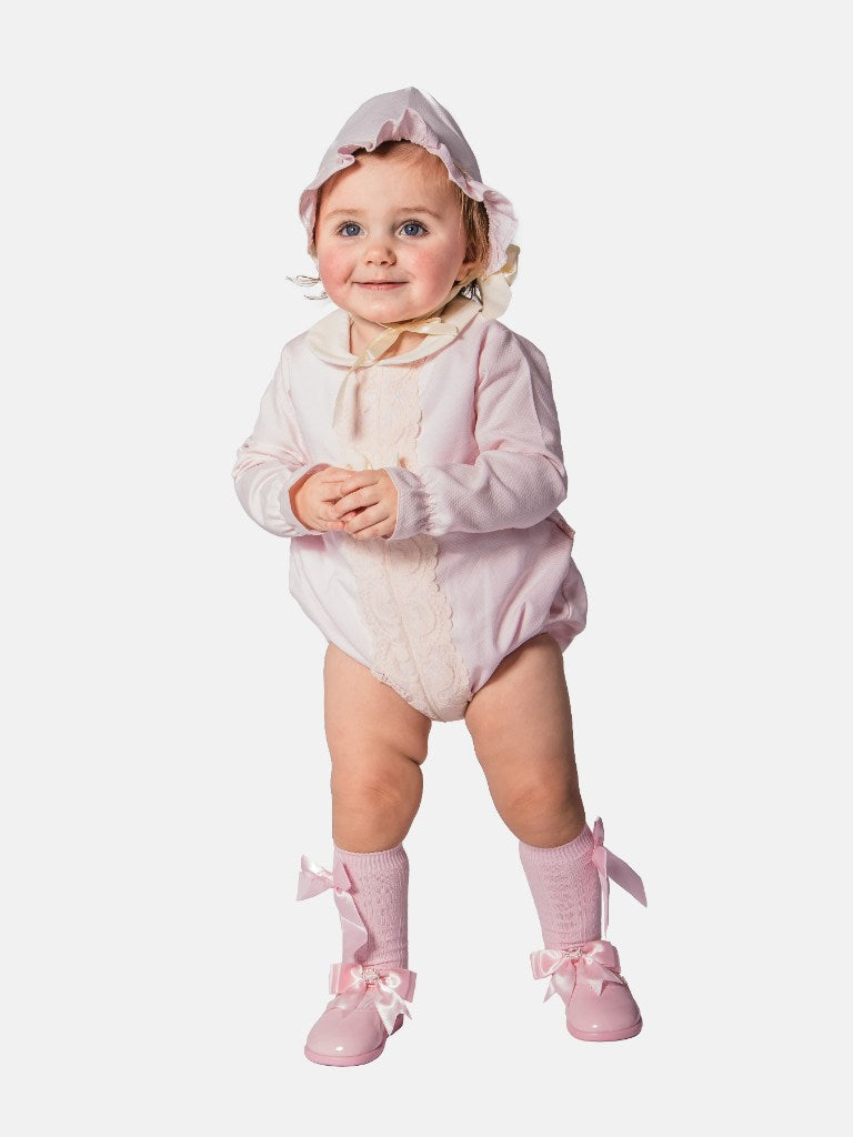 Baby Girl Lellie Collection Spanish Romper with Bonnet Set - Baby Pink