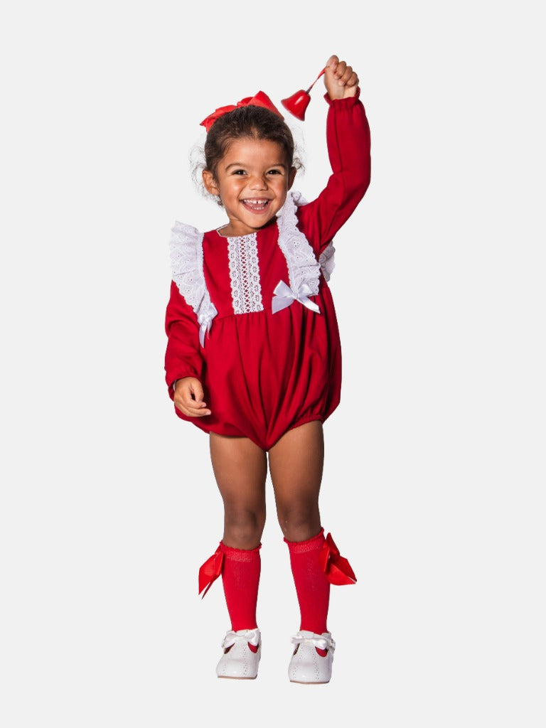 Baby Girl Merry Moments Christmas Collection Spanish Romper with Lace, Satin Bows, and Matching Bonnet - Red