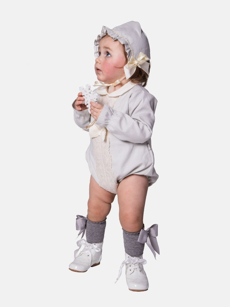 Baby Girl Lellie Collection Spanish Romper with Bonnet Set - Grey