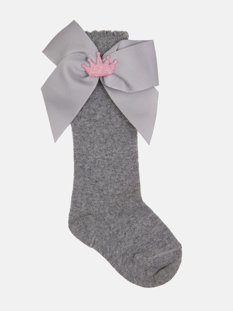 Baby Girl Knee Socks with Satin Bow and Pink Crown - Grey