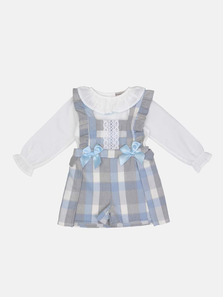 Baby Girl Lace Placket & Bows Tartan Romper Dress-Baby Blue