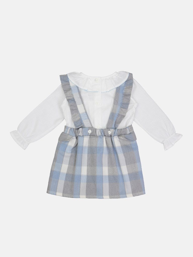 Baby Girl Tartan Romper Dress with Lace placket and 2 Satin Bows - Baby Blue