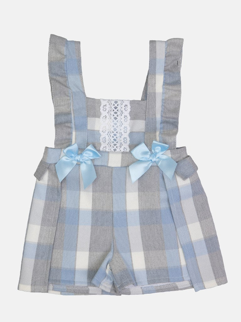 Baby Girl Tartan Romper Dress with Lace placket and 2 Satin Bows - Baby Blue