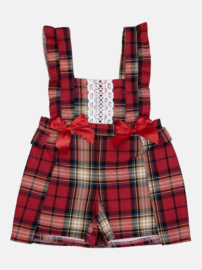 Baby Girl Tartan Romper Dress with Lace placket and 2 Satin Bows - Red