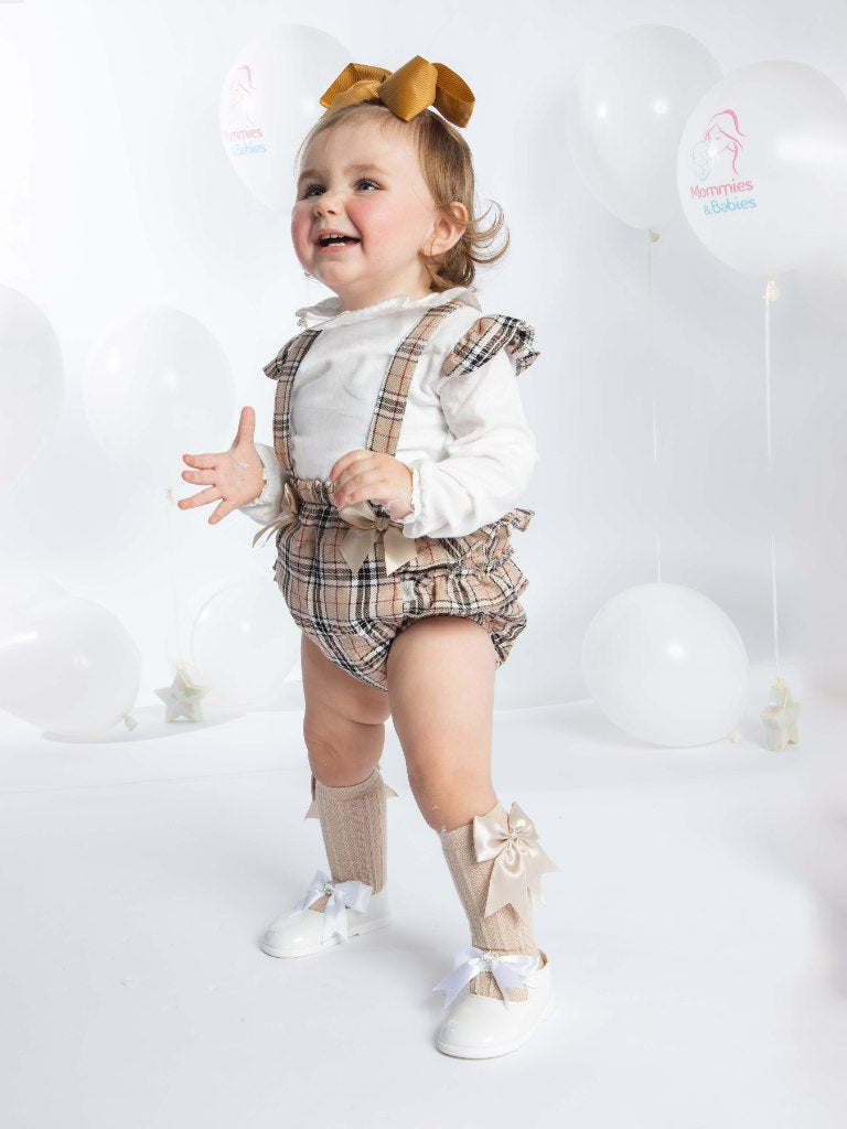 Baby Girl Tartan Romper with 2 Satin Bows - Beige - Small Fit - Long Sleeves