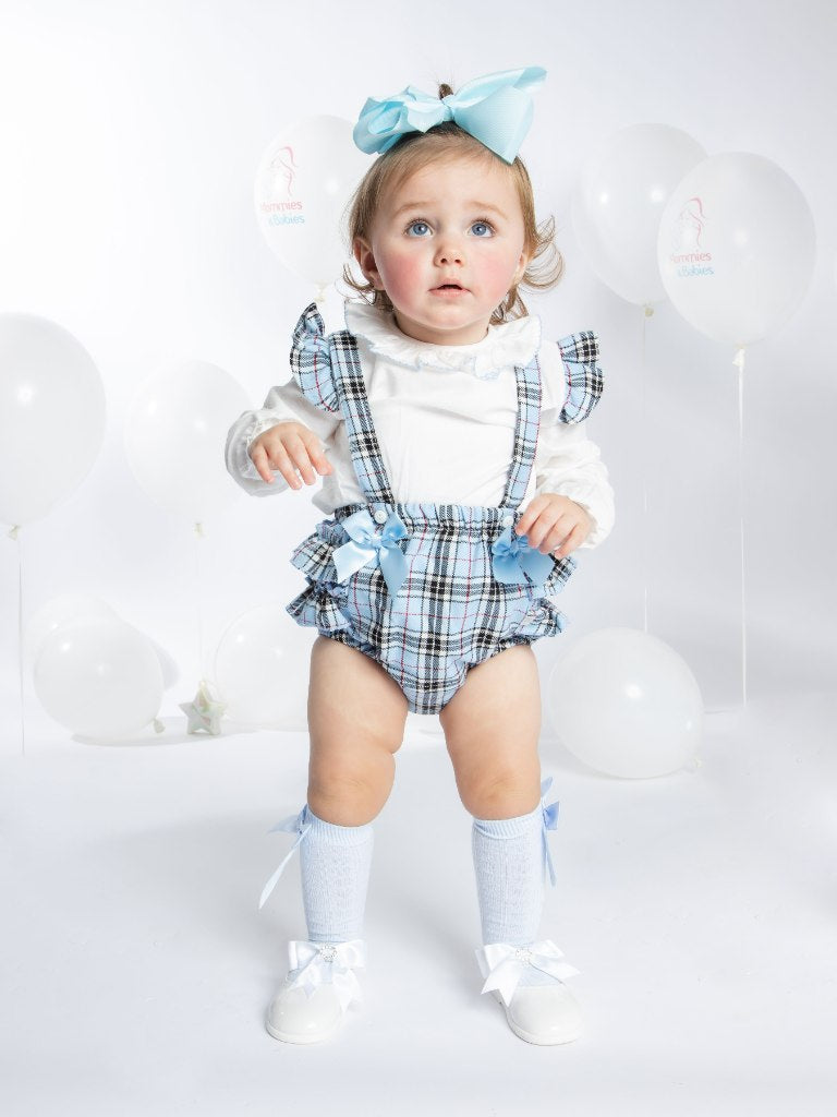 Baby Girl Tartan Romper with 2 Satin Bows - Baby Blue - Small Fit - Long Sleeves