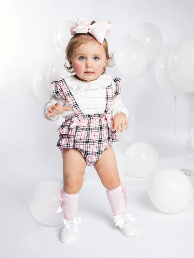 Baby Girl Tartan Romper with 2 Satin Bows - Baby Pink - Small Fit - Long Sleeves
