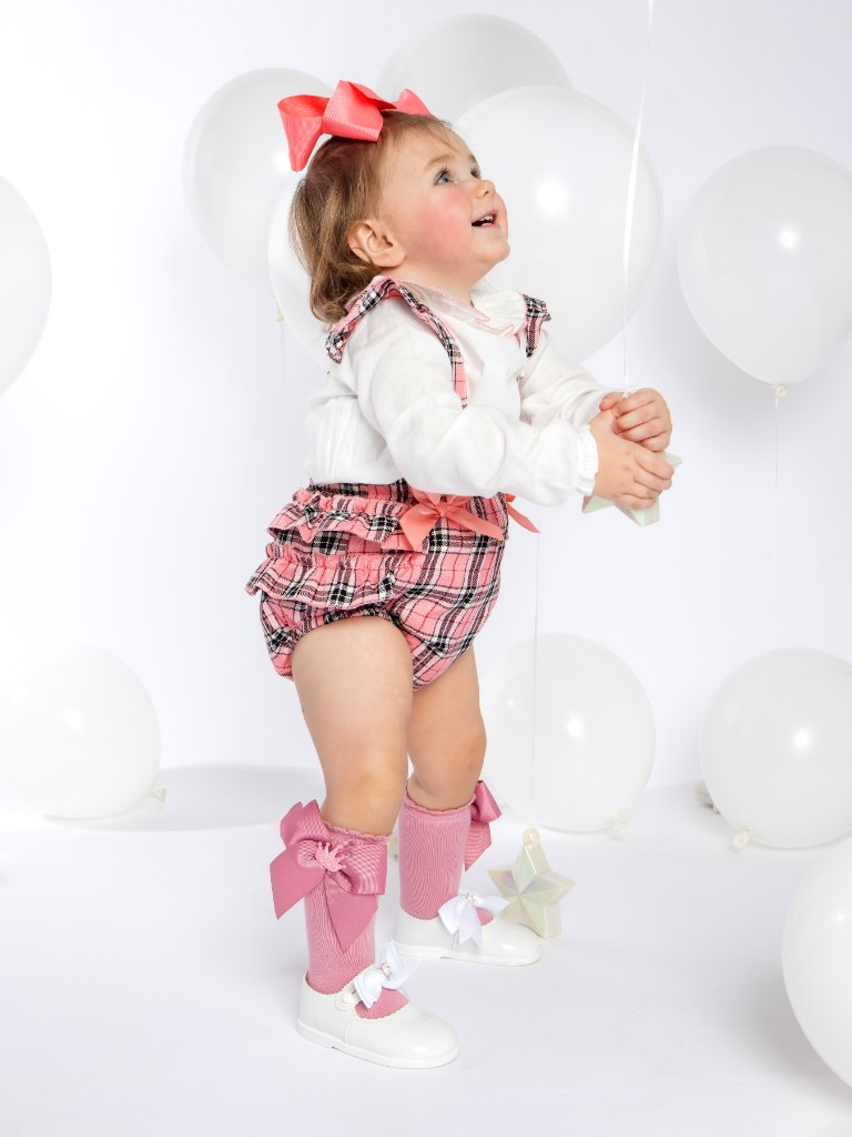 Baby Girl Spanish Bow & Frills Tartan Romper - Coral Pink