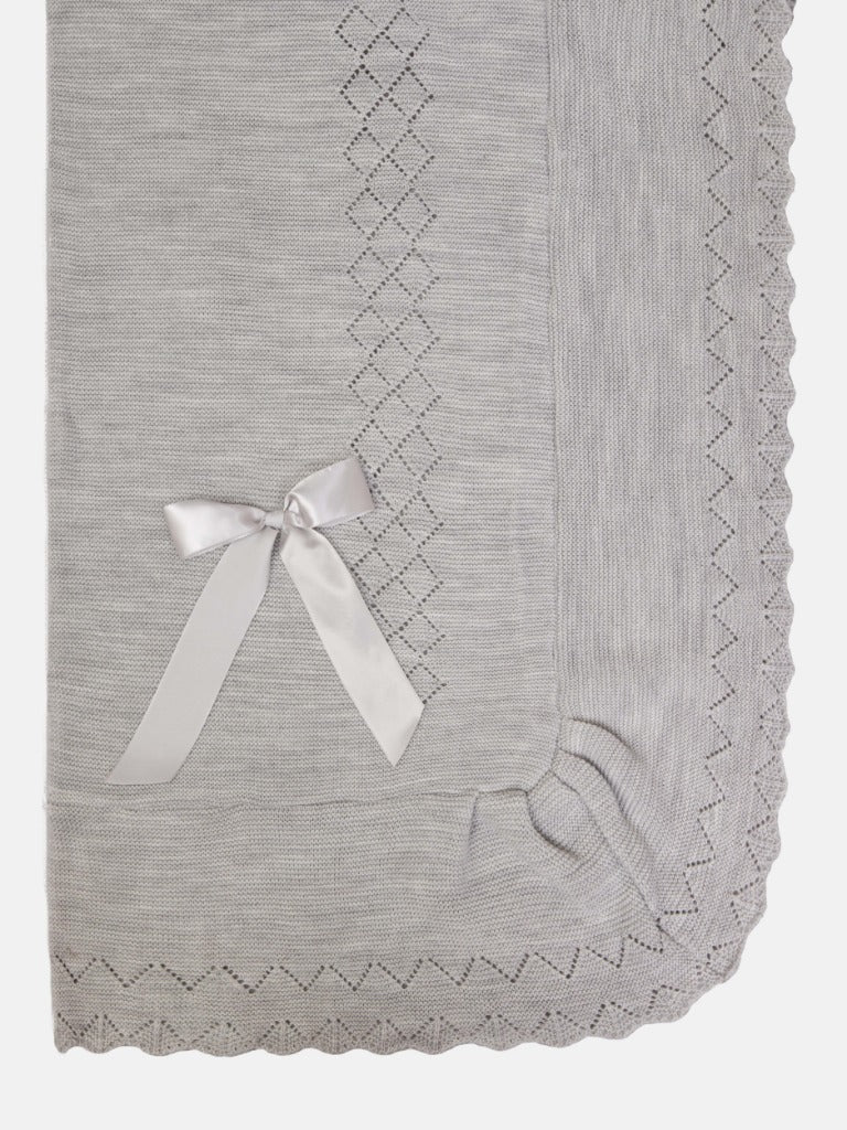 Baby Diamond Knitted Spanish Blanket with Satin Bow-Grey