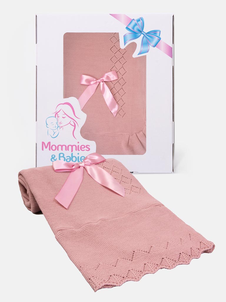 Baby Diamond Knitted Spanish Blanket with Satin Bow - Dusty Pink