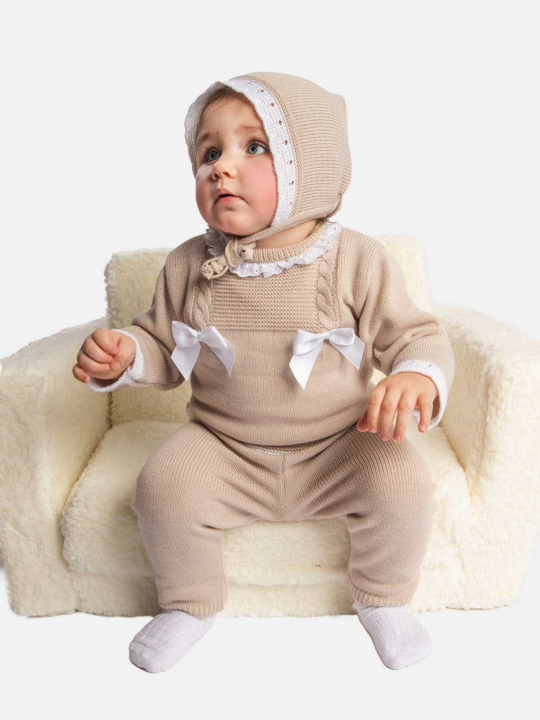 Baby Girl Ana Collection 3-piece Knitted Set with Bonnet - Beige