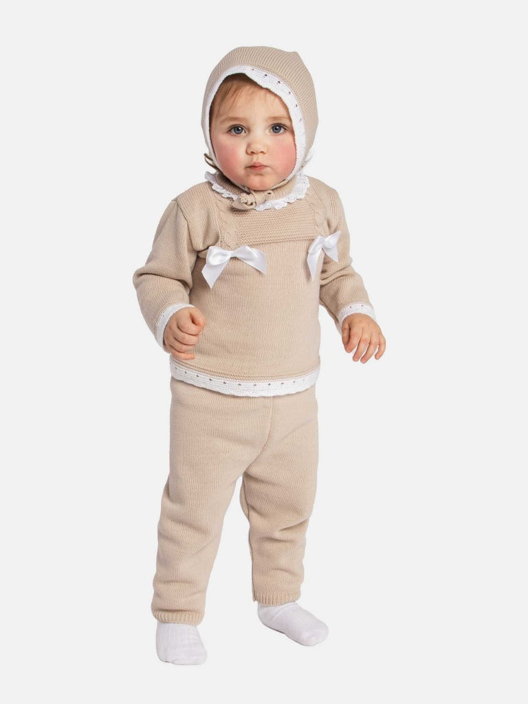 Baby Girl Ana Collection 3-piece Beige Knitted Set with Bonnet
