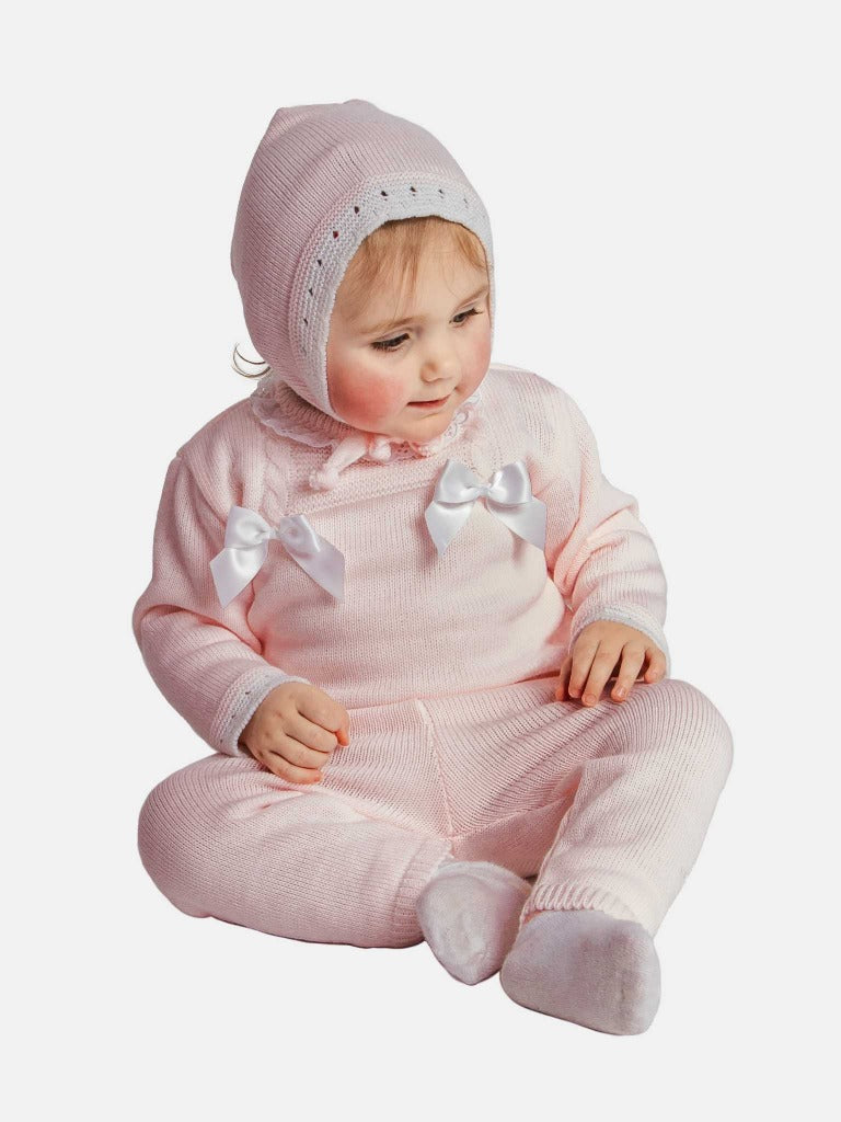 Baby Girl Ana Collection 3-piece Baby Pink Knitted Set with Bonnet