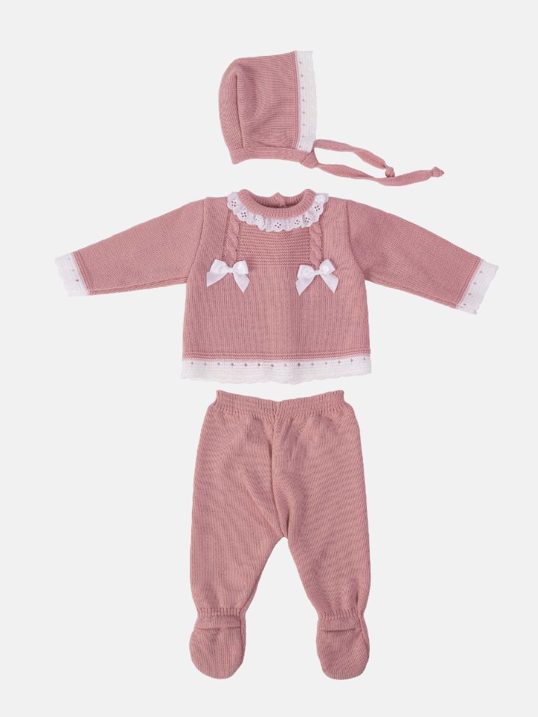 Baby Girl 3-piece Cable Knit Gift Box Set with Bonnet - Dusty Pink