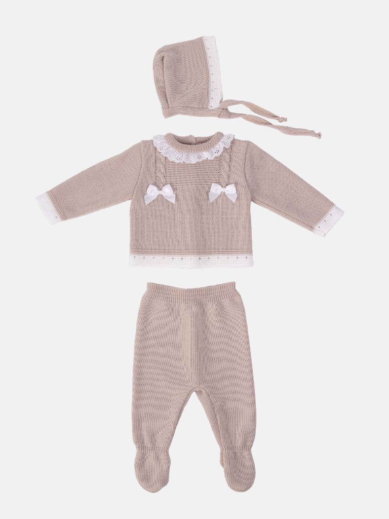 Baby Girl 3-piece Cable Knit Gift Box Set with Bonnet - Beige