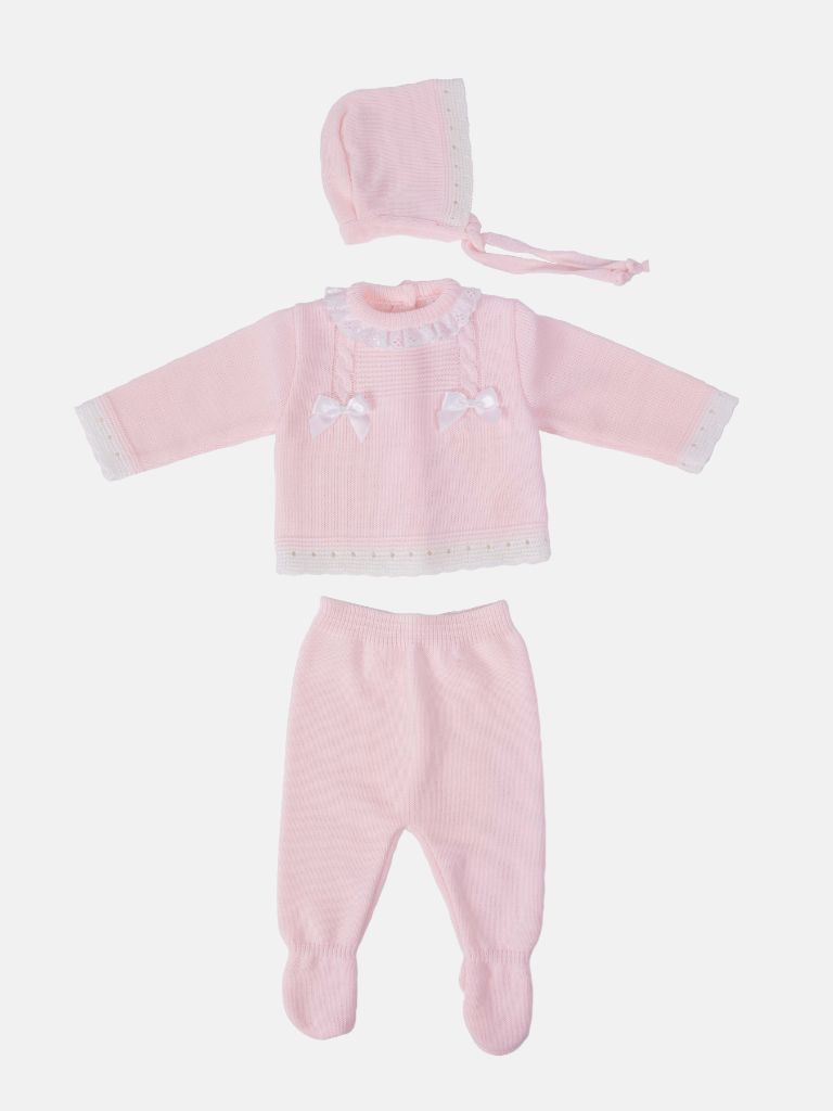 Baby Girl 3-piece Cable Knit Gift Box Set with Bonnet - Baby Pink