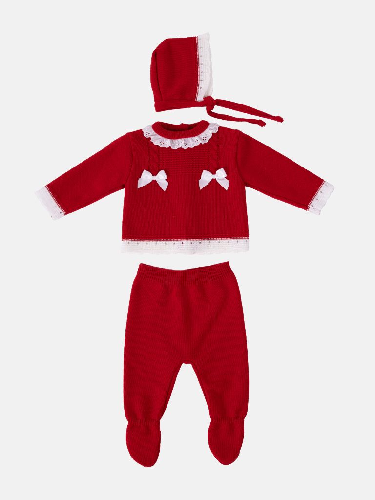 Baby Girl 3-piece Cable Knit Gift Box Set with Bonnet - Red