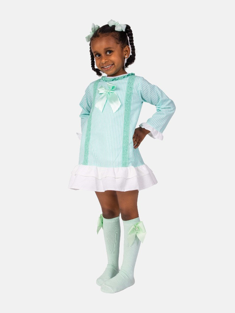 Baby Girl Blanca Collection Spanish Striped Dress with Bonnet - Aqua Blue