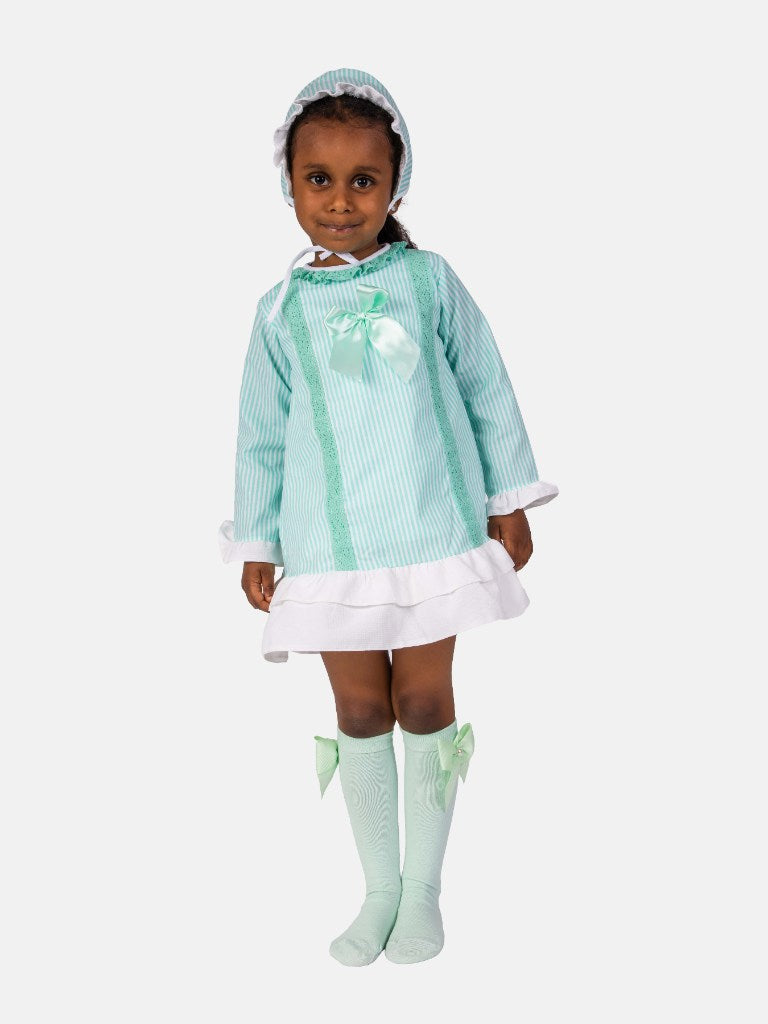 Baby Girl Blanca Collection Spanish Striped Dress with Bonnet - Aqua Blue