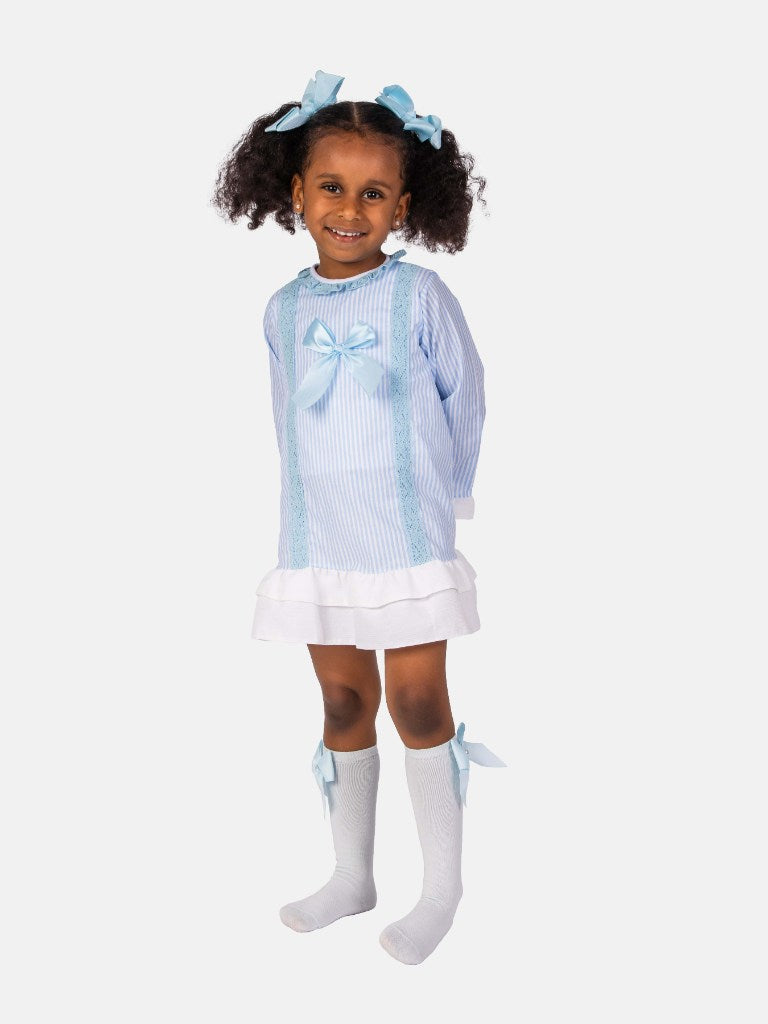 Baby Girl Blanca Collection Spanish Striped Dress with Bonnet - Baby Blue