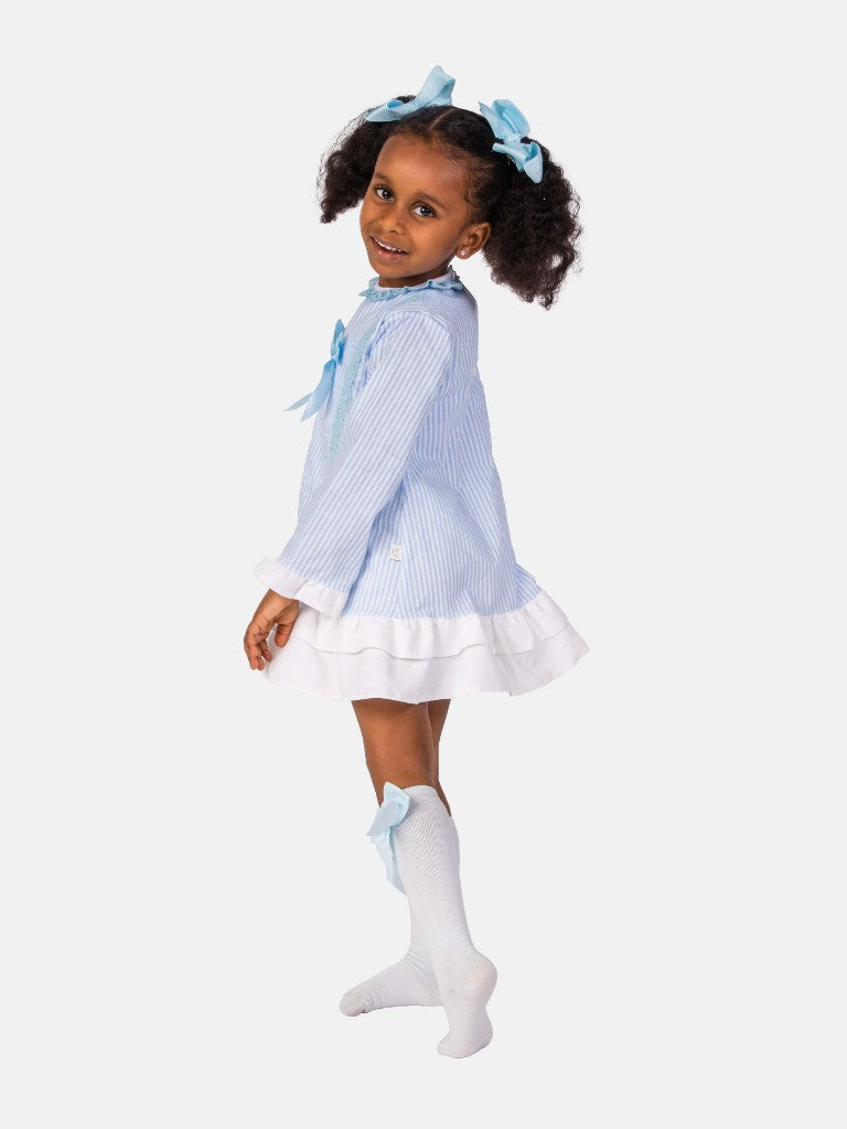 Baby Girl Blanca Collection Spanish Striped Dress with Bonnet - Baby Blue
