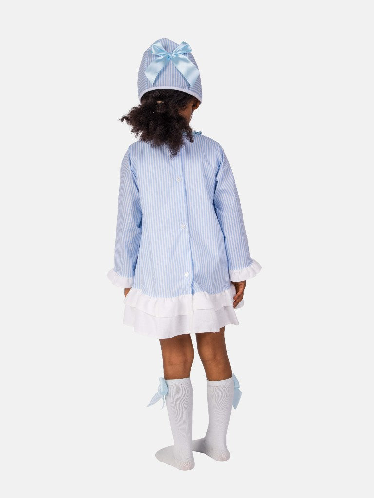 Baby Girl Blanca Collection Spanish Striped Dress with Bonnet - Baby Blue