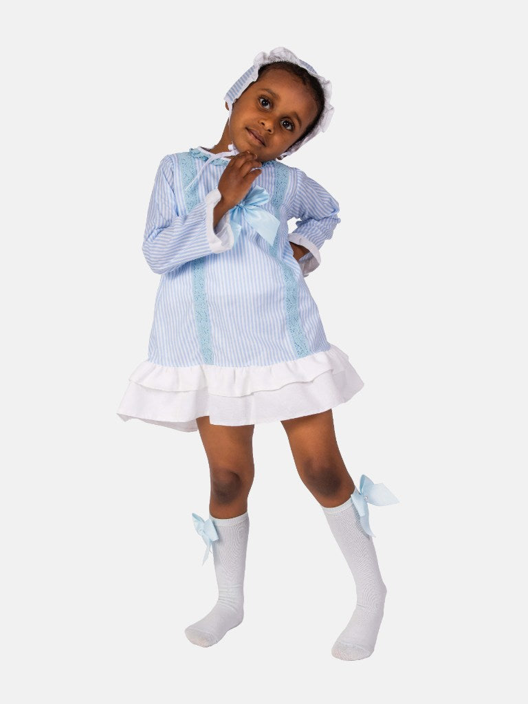 Baby Girl Blanca Collection Spanish Striped Dress with Bonnet - Baby Blue