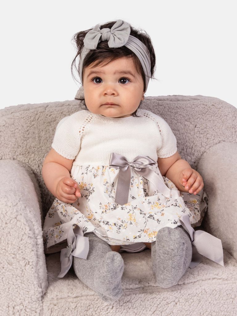 Baby Girl Nova Collection Half Knitted Spanish Dress - Ivory & Yellow Floral