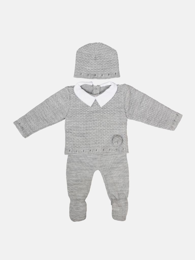 Baby Unisex Pom-pom 3-piece Grey Knitted Gift Box Set