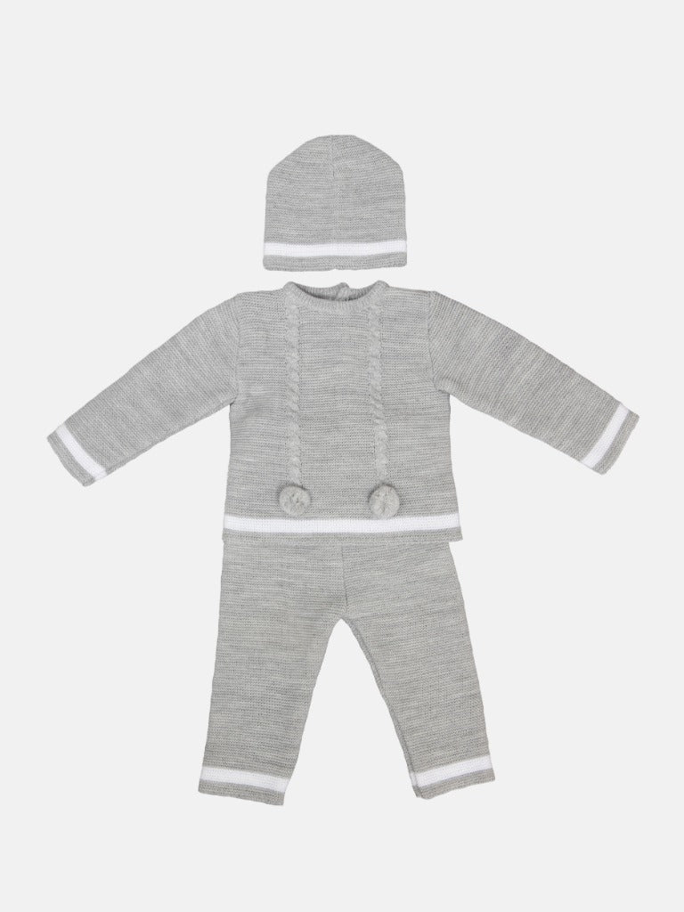 Baby Boy Luis Collection 3-piece Knitted Set with Pom-poms - Grey