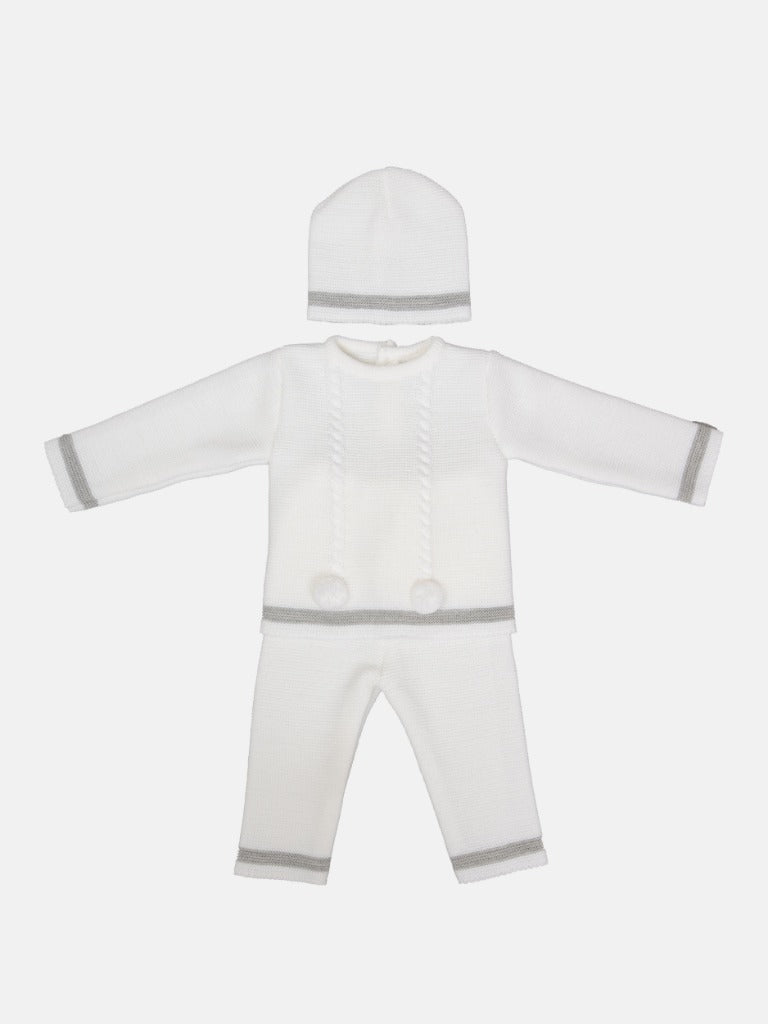 Baby Boy Luis Collection 3-piece Knitted Set with Pom-poms - White
