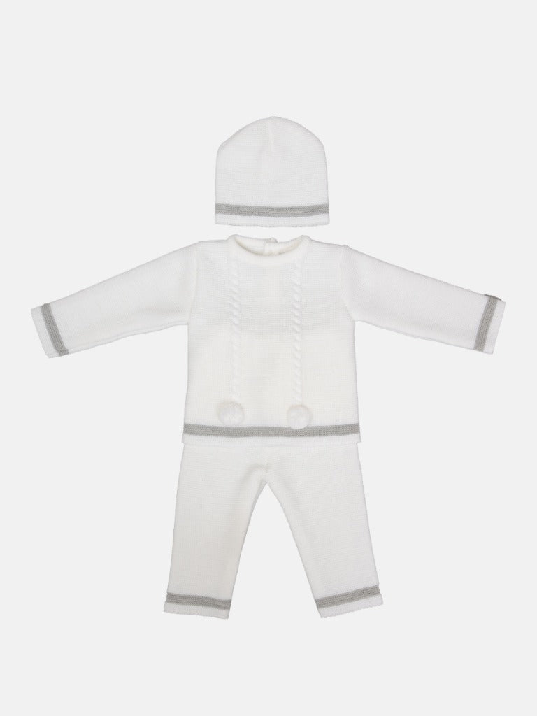 Baby Boy Luis Collection 3-piece White Knitted Set with Pom-poms