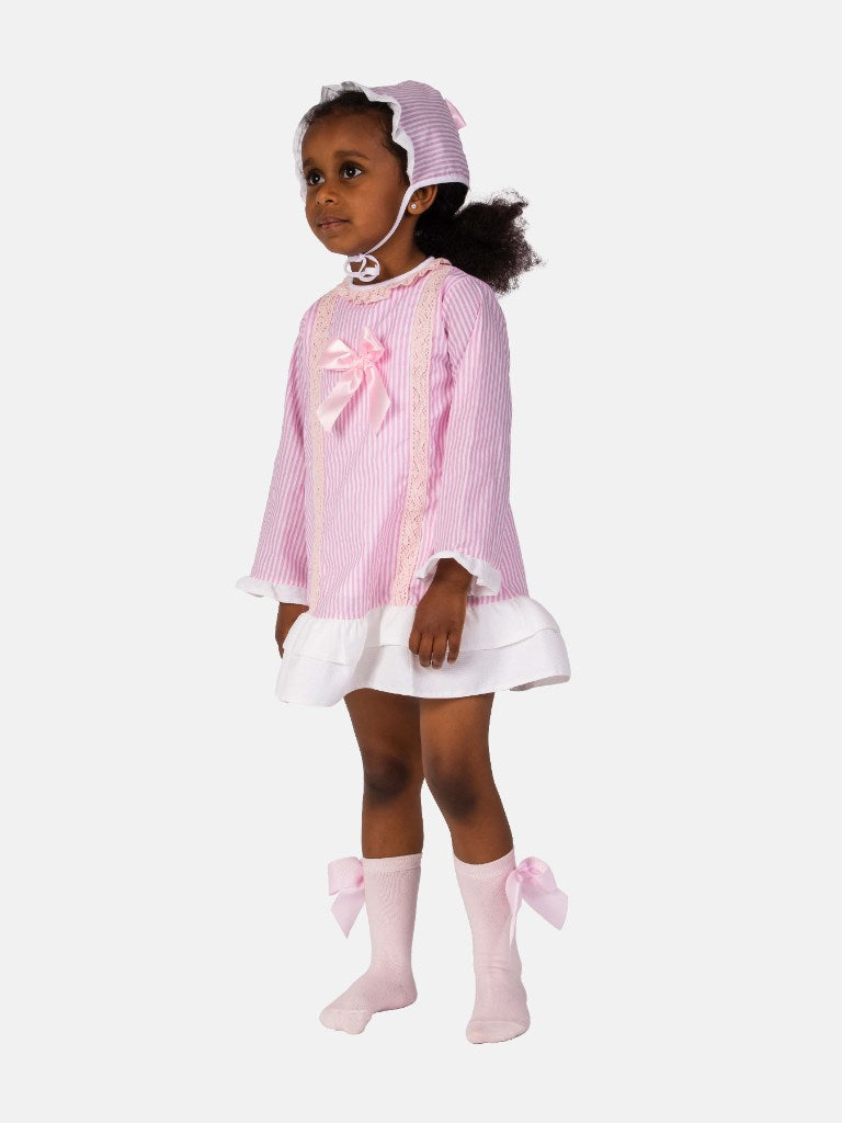 Baby Girl Blanca Collection Spanish Striped Dress with Bonnet - Pink
