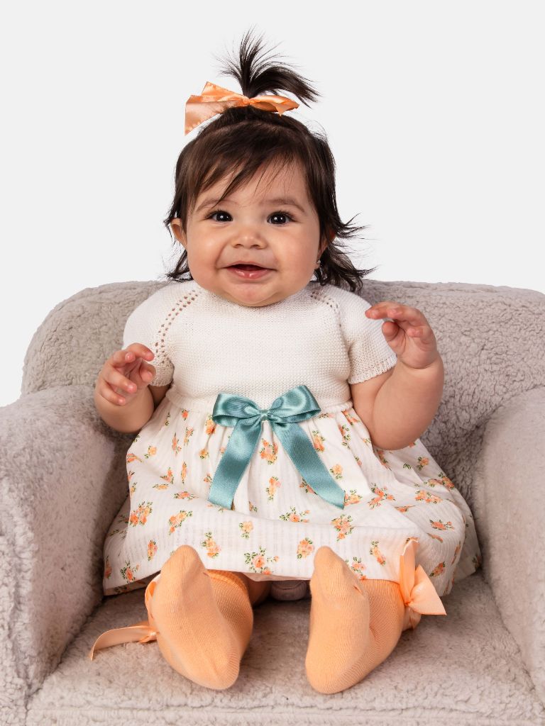 Baby Girl Nova Collection Half Knitted Spanish Dress - Ivory & Orange Floral