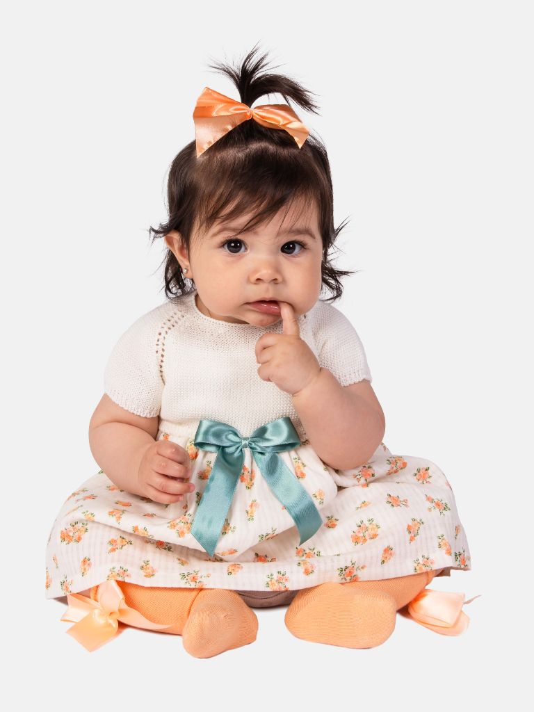 Baby Girl Nova Collection Half Knitted Spanish Dress - Ivory & Orange Floral