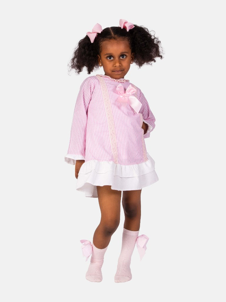 Baby Girl Blanca Collection Spanish Striped Dress with Bonnet - Pink