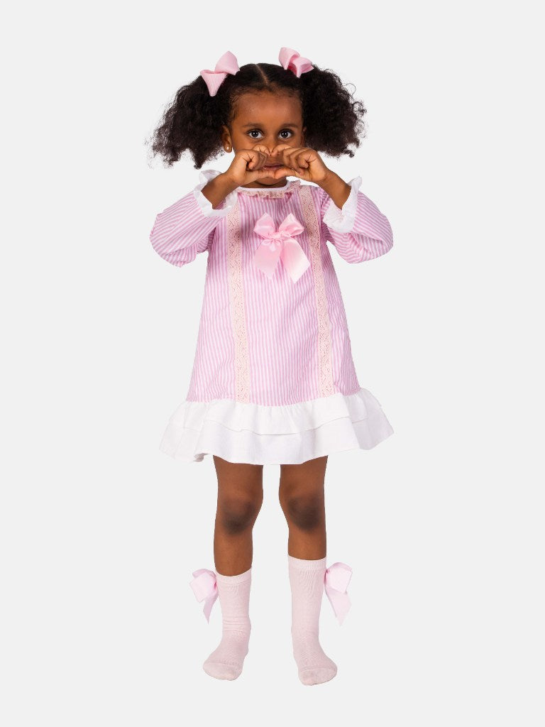Baby Girl Blanca Collection Spanish Striped Dress with Bonnet - Pink