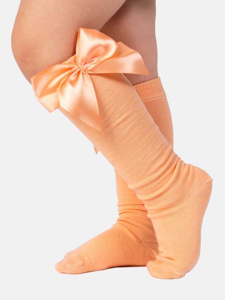 Baby Girl Vibrant Big Satin Bow Knee Socks - Peach Orange