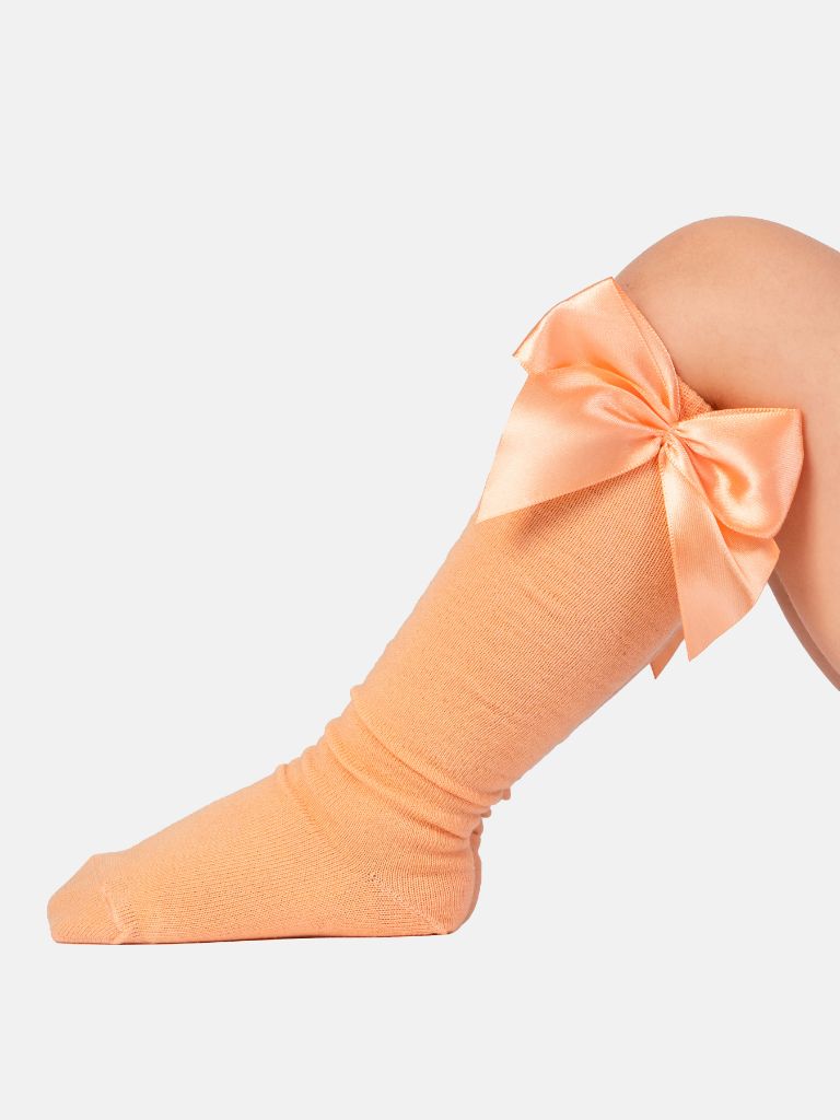 Baby Girl Vibrant Big Satin Bow Knee Socks - Peach Orange