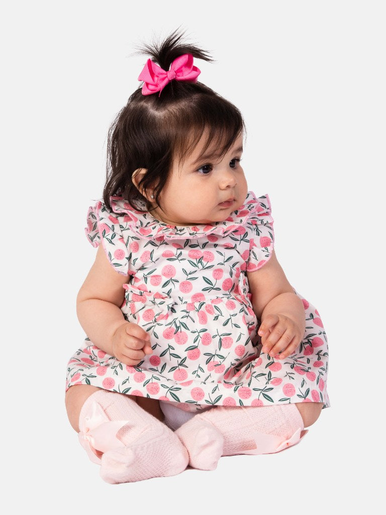 Baby Girl Cherry Print Spanish Dress with Ruffle Collar and Bows - Pink
