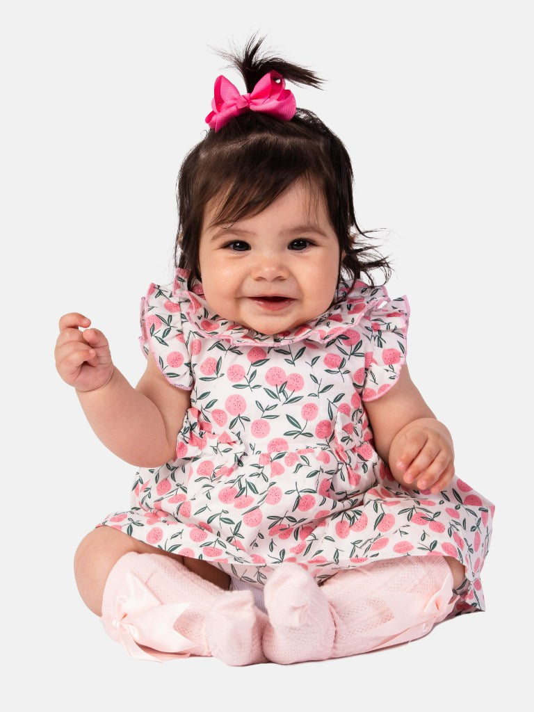Baby Girl Cherry Print Spanish Dress with Ruffle Collar and Bows - Pink