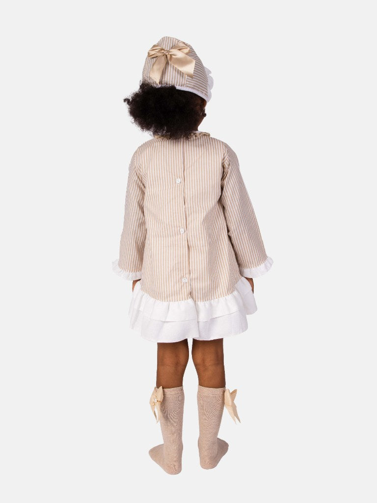 Baby Girl Blanca Collection Spanish Striped Dress with Bonnet - Beige