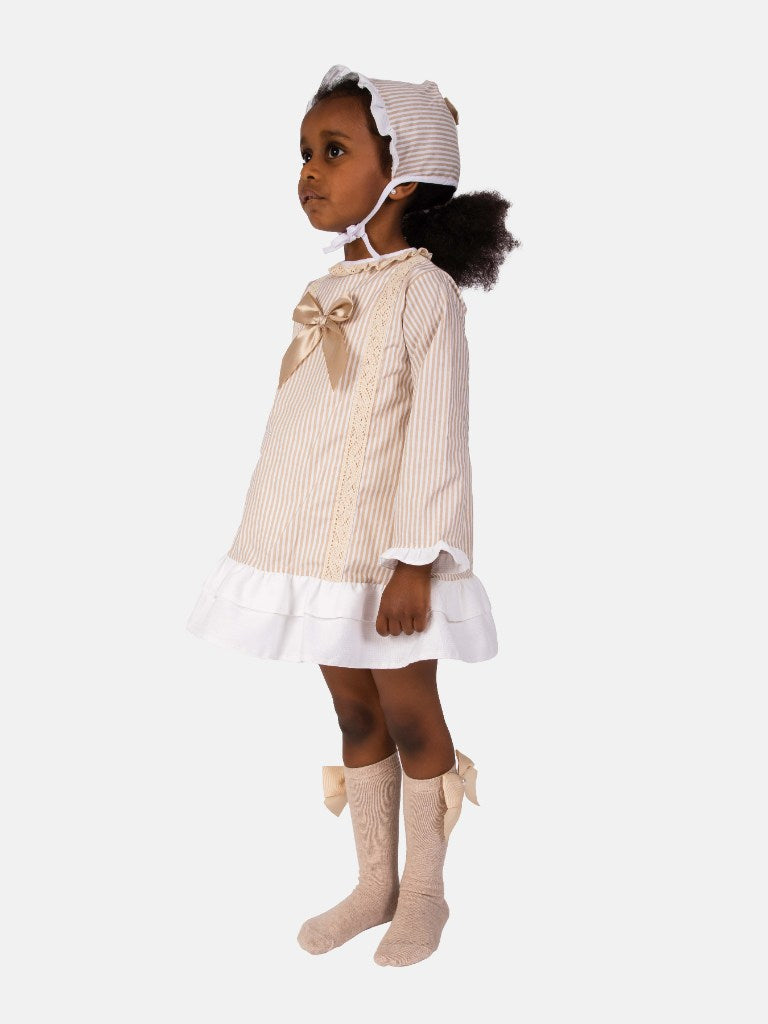Baby Girl Blanca Collection Spanish Striped Dress with Bonnet - Beige