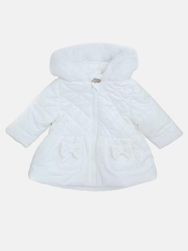 Baby Girl Melia Glossy Bow with Fur Hooded Jacket - White