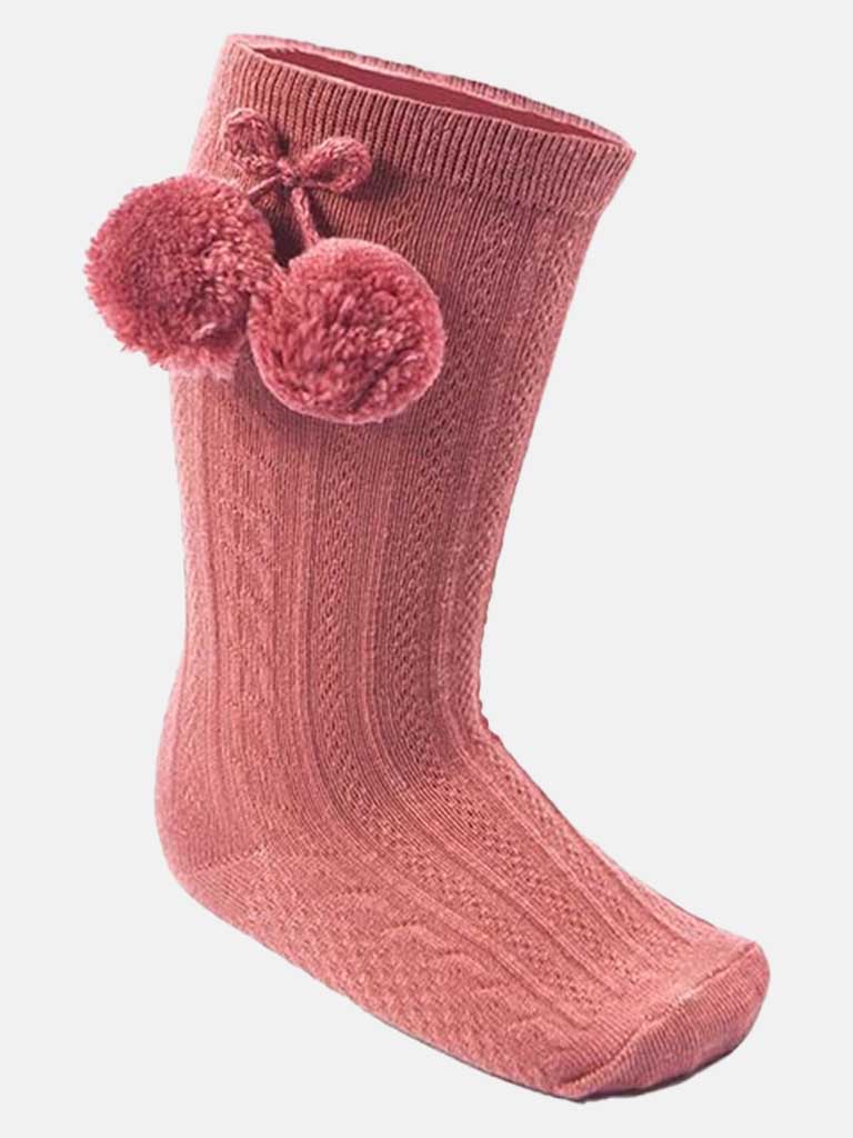 Baby Girl Elegant Cable-Knit Knee Socks with Pom-pom -Dusty Pink