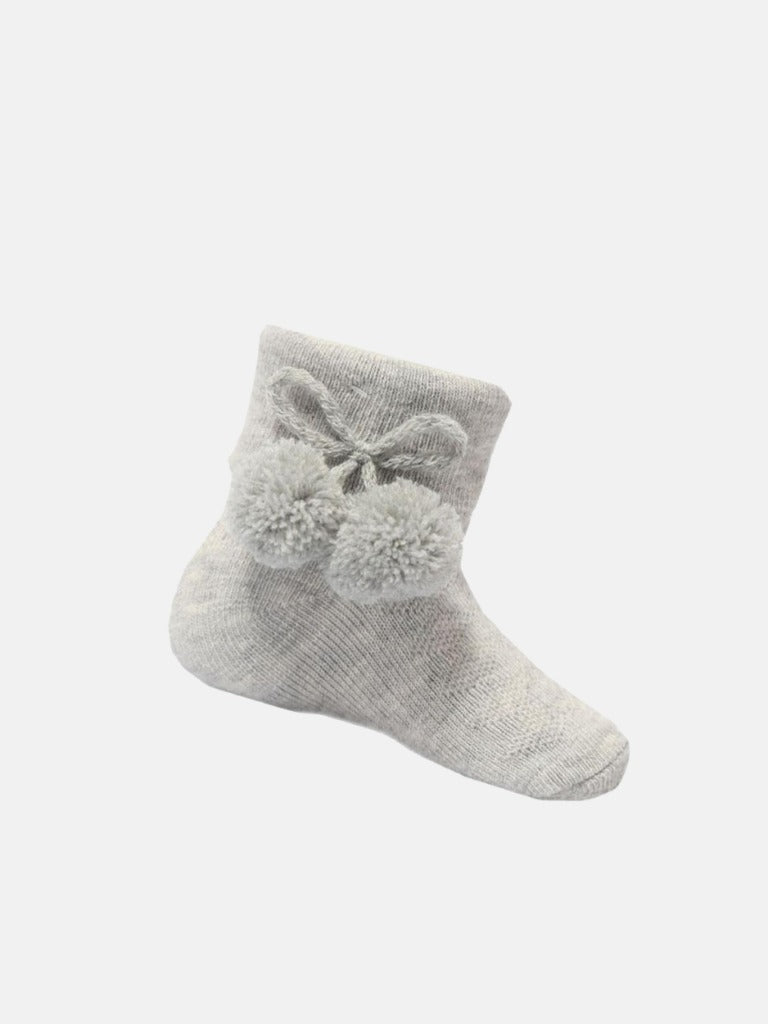 Baby Unisex Knitted Pom-pom Grey Ankle Socks