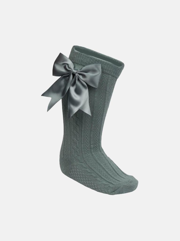 Baby Girl Elegant Cable-Knit Knee Socks with Satin Bow - Sage Green